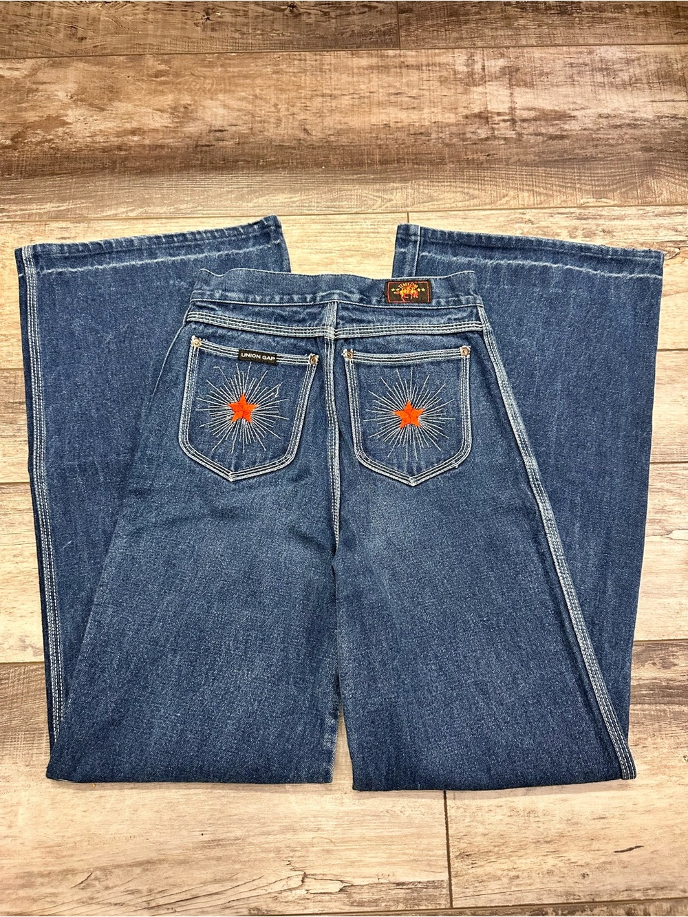 Union Gap Vintage 1970s Dark Wide Leg Jeans with aRed Star Back Embroidery